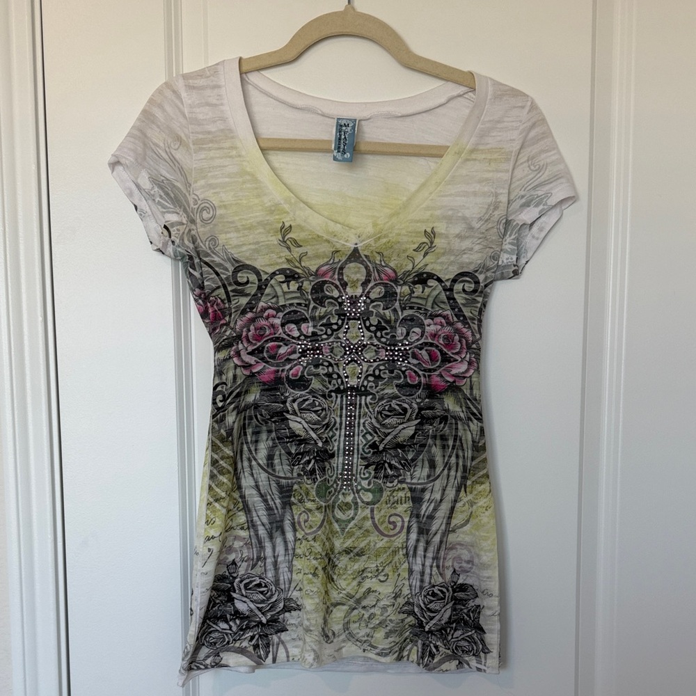 Women's Graphic V-Neck Tee - White, Yellow, and Pink